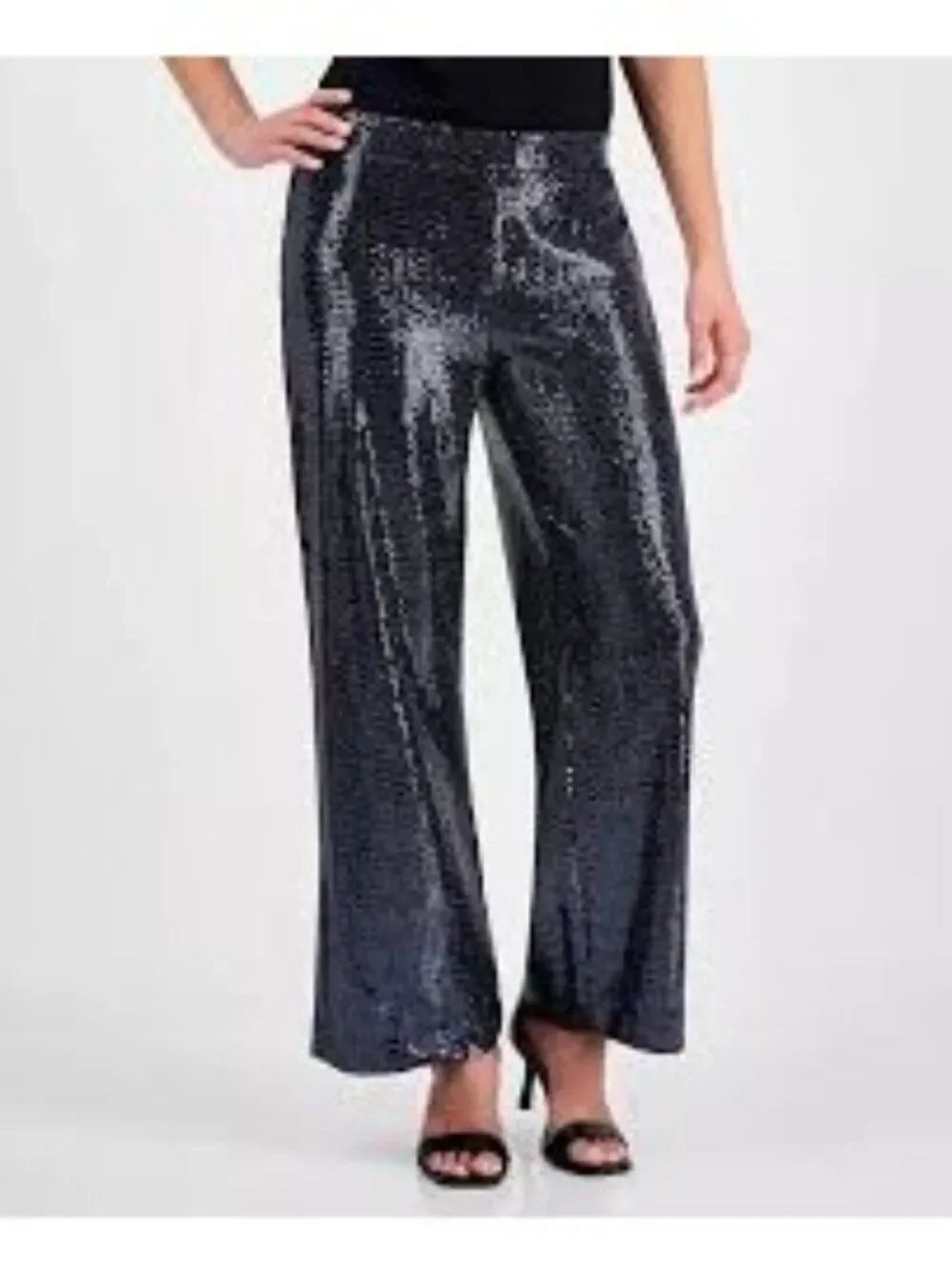 Anne Klein Women's Petite Pull-On Blue Sequin Wide Leg Pants Size PL